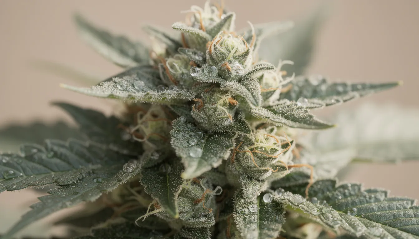 Die Nahaufnahme zeigt eine blühende Cannabispflanze mit sichtbaren Trichomen, die den hohen THC-Gehalt und die wertvollen Cannabinoide dieser Pflanze verdeutlichen. Diese Trichome sind entscheidend für die psychoaktiven Wirkungen von Cannabis und dessen Anwendung in der Medizin.