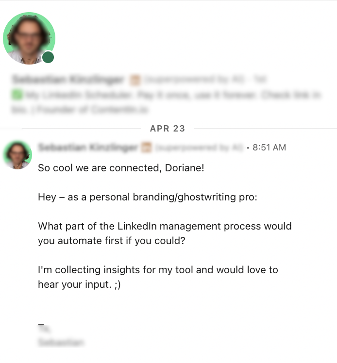 Example of a personalized LinkedIn connection request