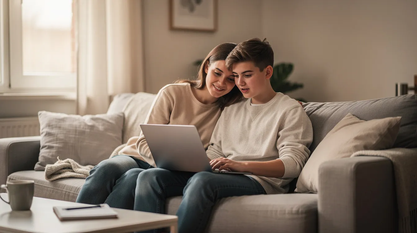A parent and their teen are sitting together in a calm living room, engaged in an online therapy session on a laptop. This scene highlights the importance of mental health support and the benefits of online therapy for teens in a familiar environment.