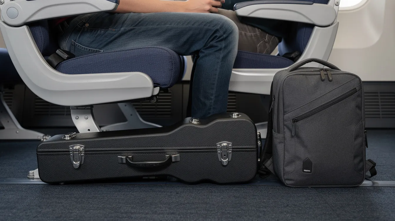 A compact guitar case designed for travel sits snugly beneath an airplane seat, alongside a small backpack, showcasing the convenience of folding travel guitars for musicians on the go. The case is TSA compliant, making it an ideal choice for traveling guitarists seeking to bring their journey instruments on board.