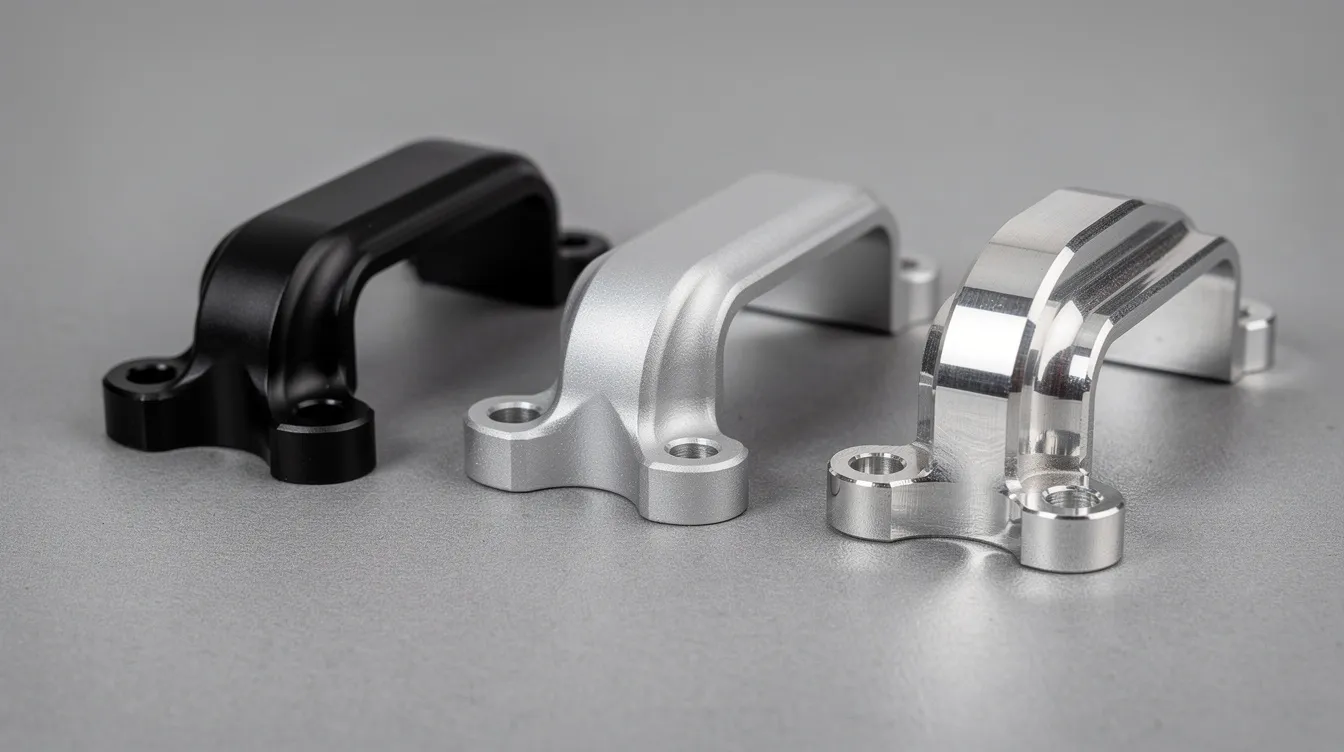 The image shows a close-up view of precision aluminum die cast housings and brackets, highlighting various surface finishes such as anodized black, powder coated silver, and polished natural aluminum. These die cast parts are indicative of advanced die casting processes, showcasing the quality and diversity in surface treatment for industrial applications.