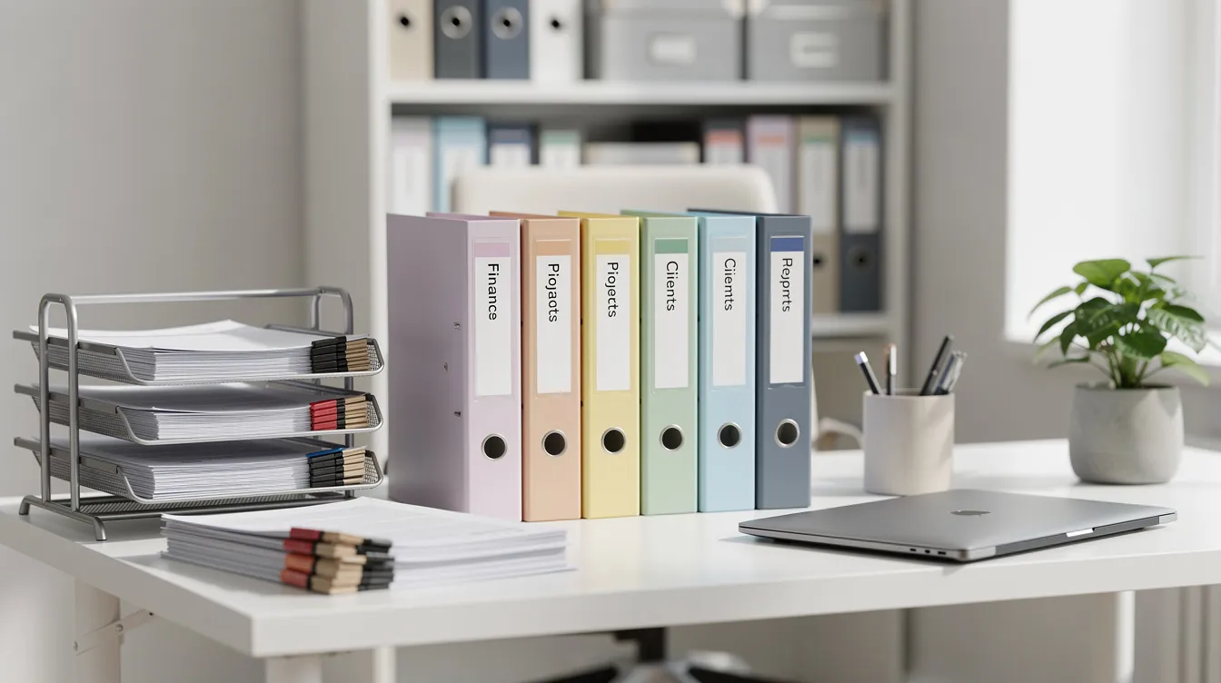 The image features a clean office desk neatly organized with file folders and documents, reflecting a professional environment ideal for managing a web design business. This setup suggests an efficient workspace for a web designer or a web development agency focused on client relationships and digital marketing services.