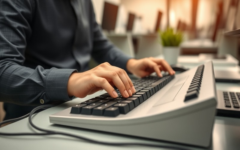 An office worker typing on a rubber dome keyboard