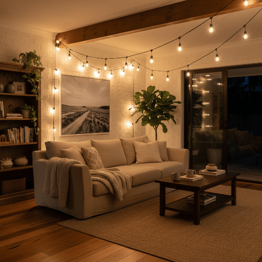 Outdoor string lights installed indoors across living room wall and ceiling.