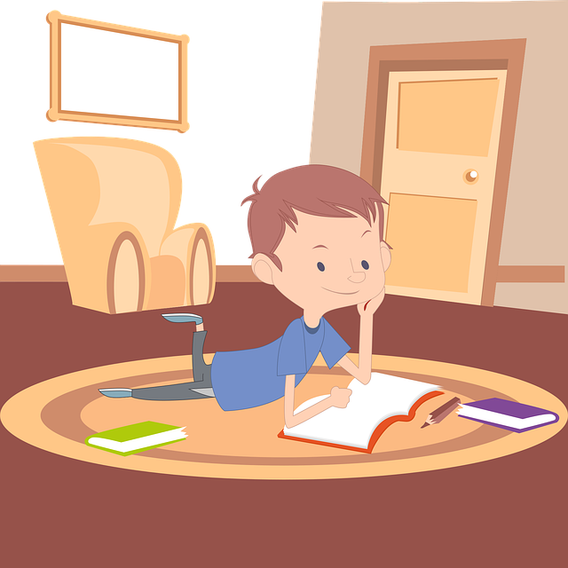 An illustration of a young boy reading and writing.