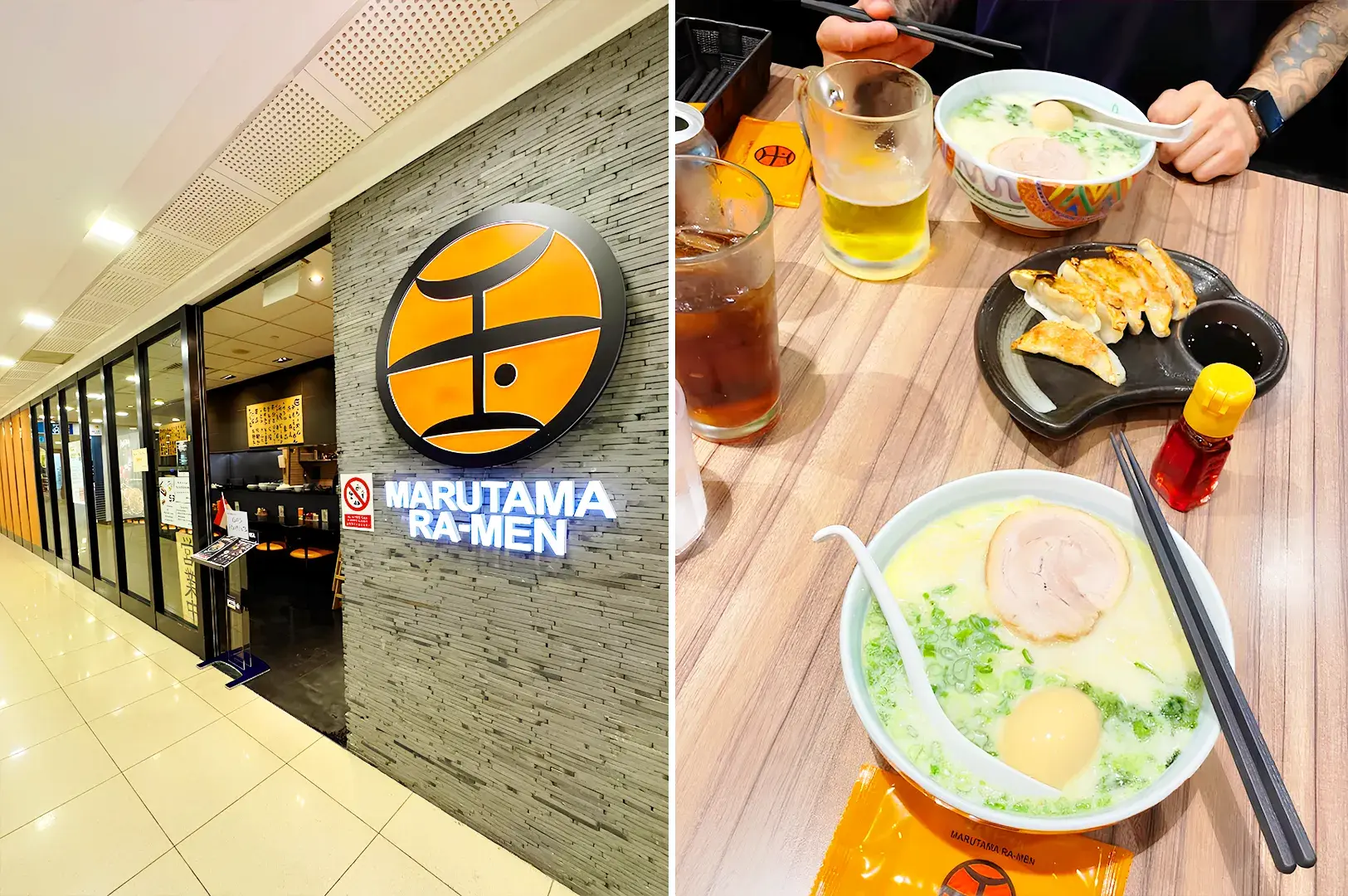 Marutama Ramen Singapore restaurant exterior with chicken paitan ramen bowls and gyoza in cozy Japanese dining setting