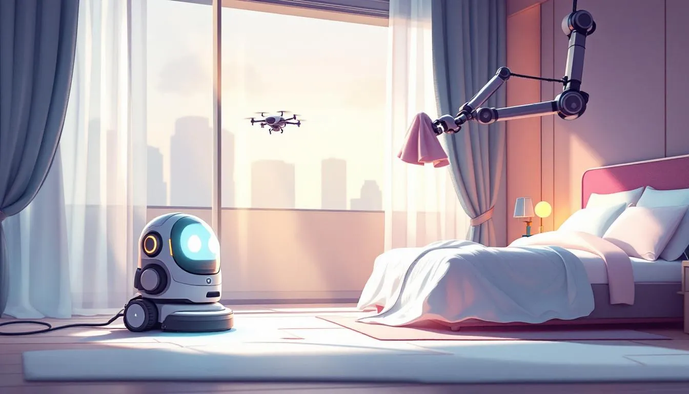 A modern hotel room being cleaned with advanced technology.