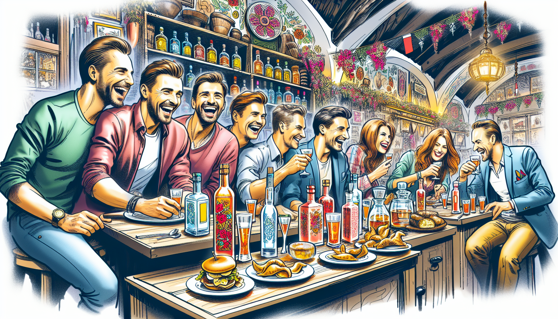 An imaginative depiction of unique experiences available in Warsaw, including vodka tasting.