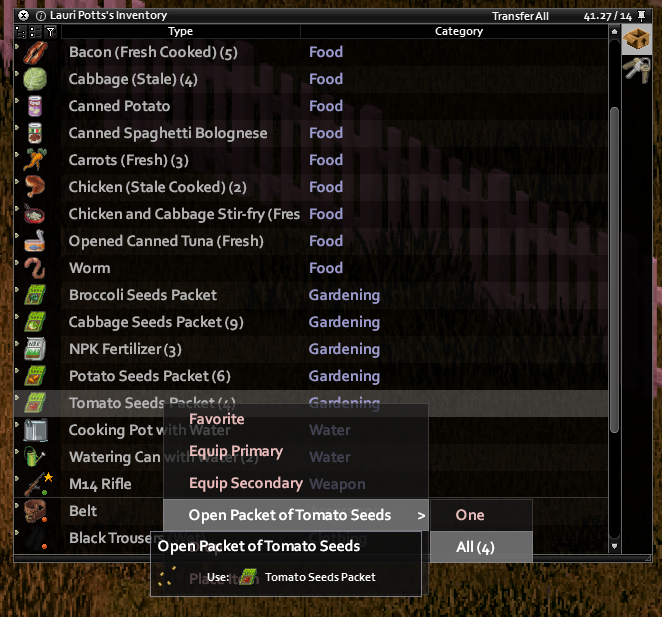 The inventory filled with various seed packets.