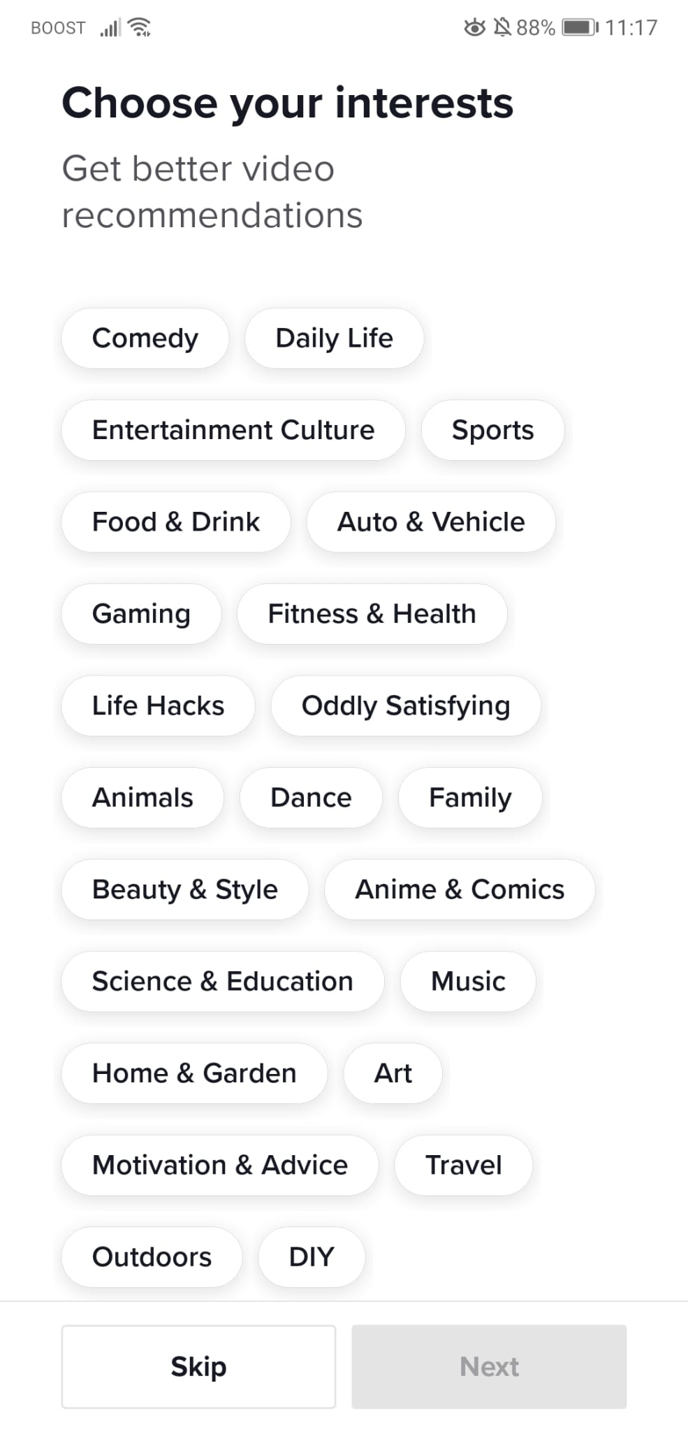 Screenshot von TikTok zur Auswahl von Interessen