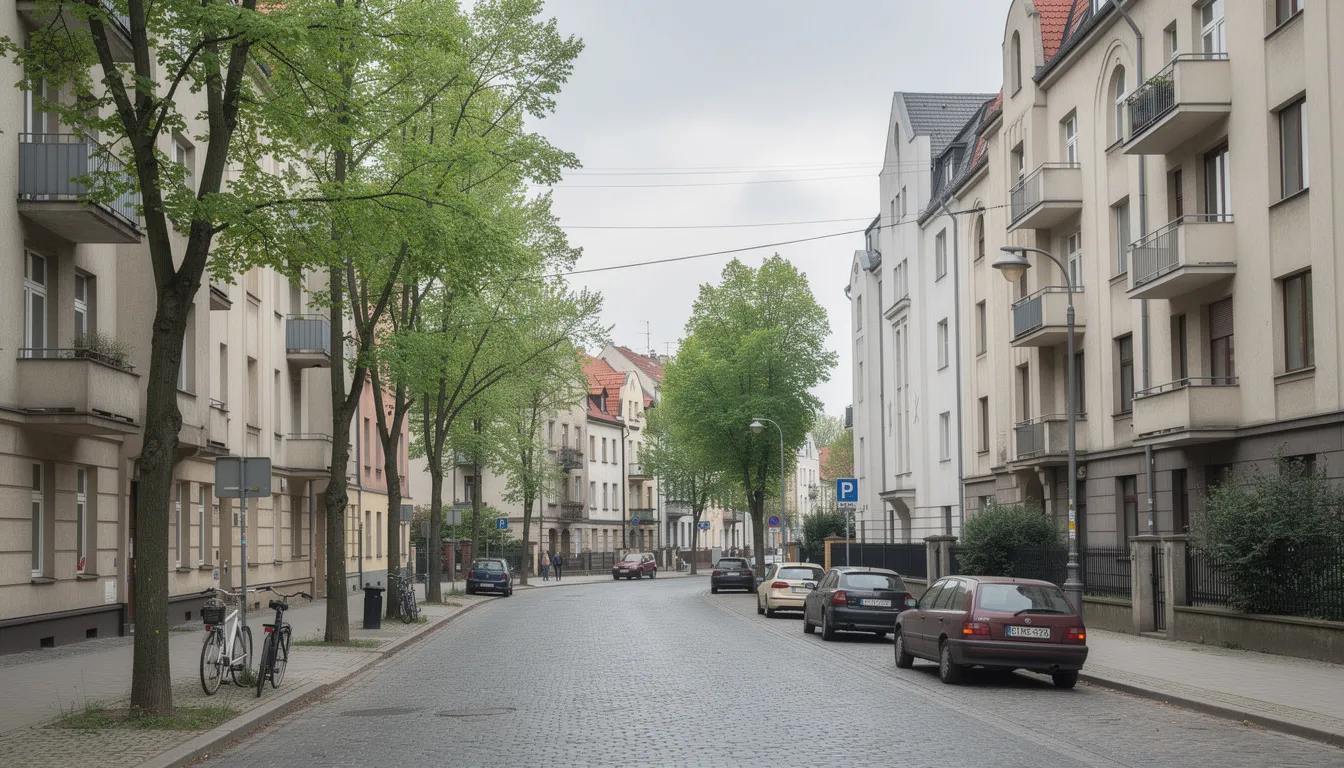 Na obrazie przedstawiona jest ulica na Starym Żoliborzu, otoczona przedwojennymi kamienicami i zielonymi drzewami, co tworzy unikalny klimat tej prestiżowej dzielnicy Warszawy. Obraz oddaje atmosferę spokojnej okolicy, idealnej do życia, z bliskością natury i bogatą historią.