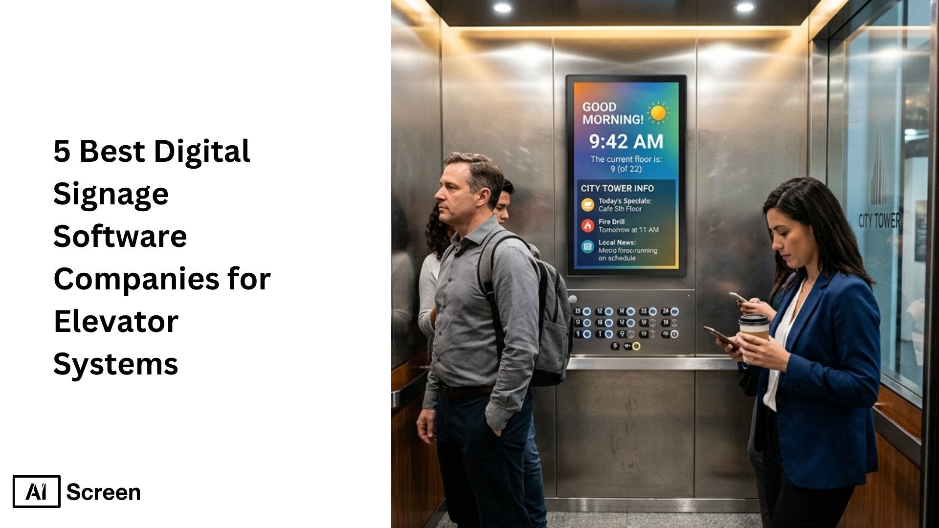 5 Best Digital Signage Software Companies for Elevator Systems 1 elevator digital signage display with building communication content