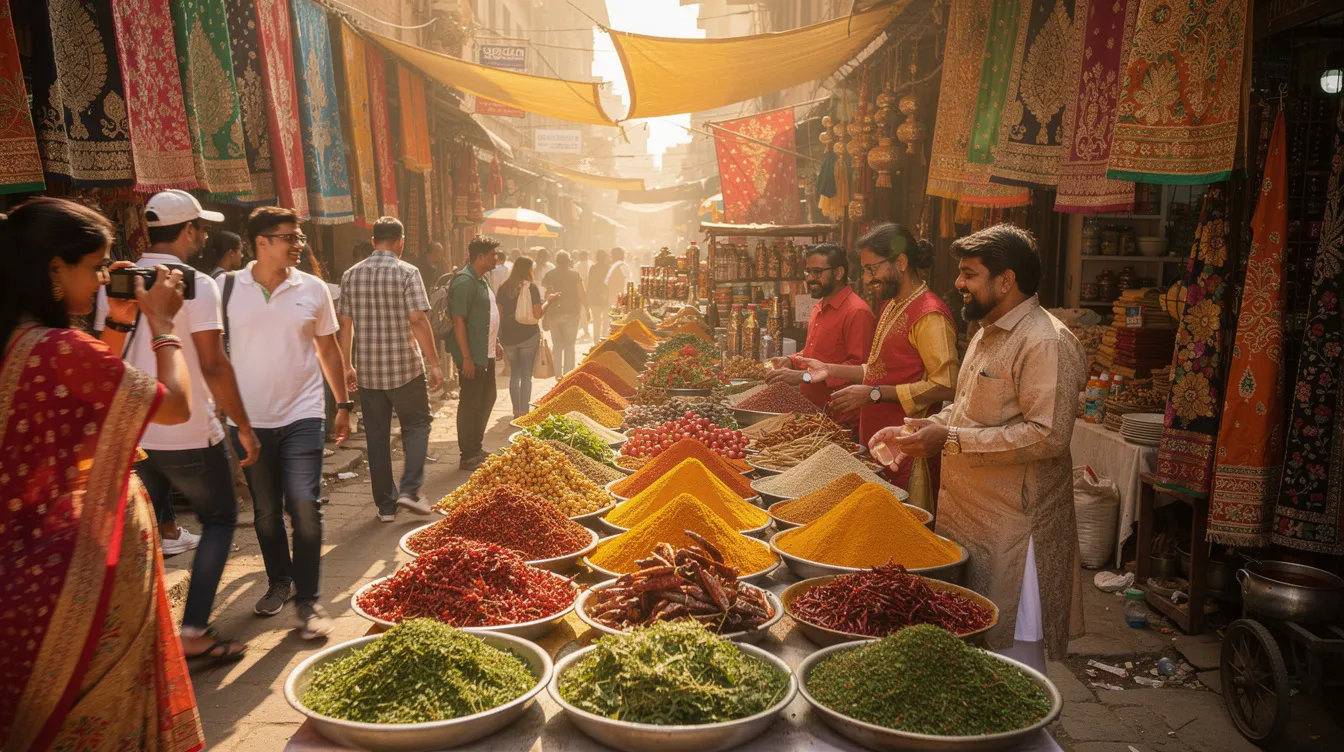 The image shows a vibrant Indian marketplace bustling with tourists exploring various spice stalls and colorful textiles. The lively atmosphere highlights the rich culture of India, where visitors can experience the diverse offerings while considering the necessary visa options, such as a tourist visa or business visa, to enter India.