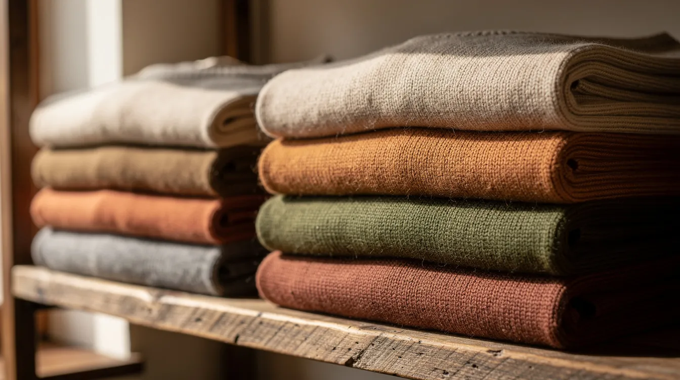 A collection of neatly folded merino wool sweaters in earthy tones is stacked on a wooden shelf, showcasing the soft and breathable fabric known for its temperature-regulating properties. These merino wool garments highlight the natural elasticity and durability of the fine wool fibers, making them ideal for both warm afternoons and cold weather.
