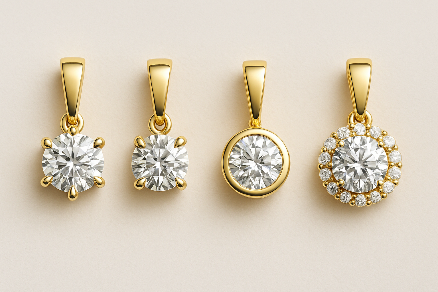 Keturi deimantiniai pakabukai su skirtingais karūnėlių tipais – šešios kojelės, keturios kojelės, bezel ir halo 
