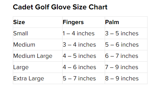 Cadet Golf Glove Chart