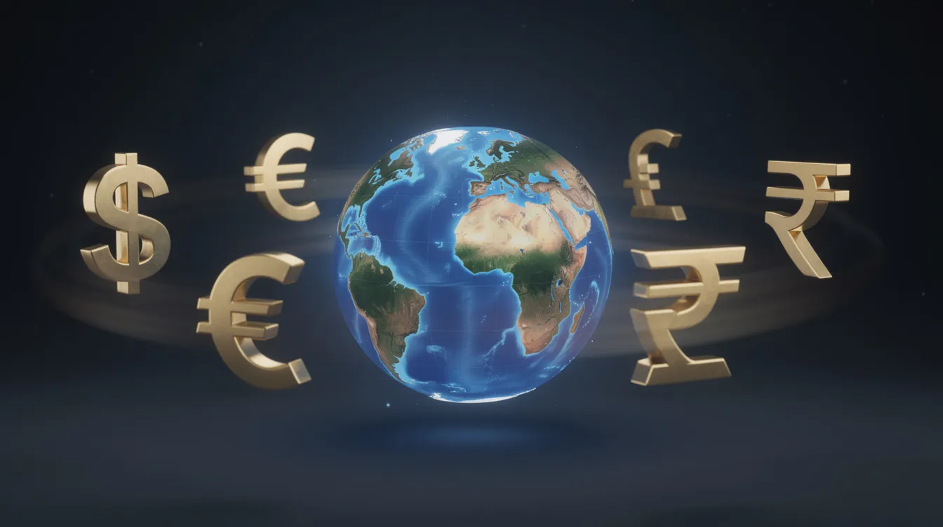 An image of a globe surrounded by floating currency symbols, including the dollar, euro, pound, and rupee signs, symbolizes the concept of international money transfers. This visual representation highlights the global nature of financial transactions and the services offered by institutions like Kotak Mahindra Bank for sending money across borders.