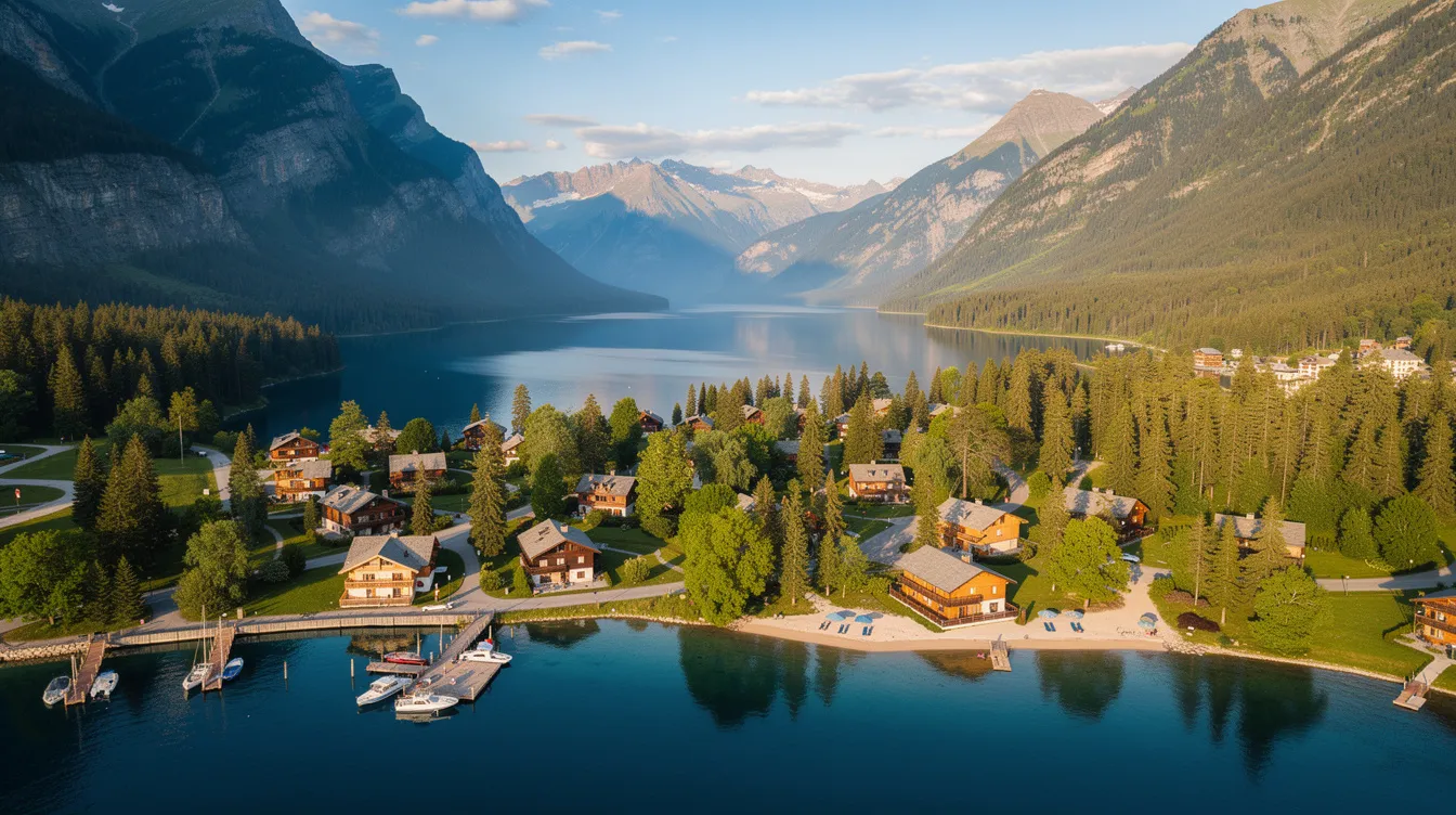 An aerial view showcases a picturesque lakeside vacation town nestled among mountains and lush forests, ideal for Airbnb investors seeking prime rental property opportunities. This serene landscape highlights the potential for short-term rentals, attracting guests with its natural beauty and local attractions.