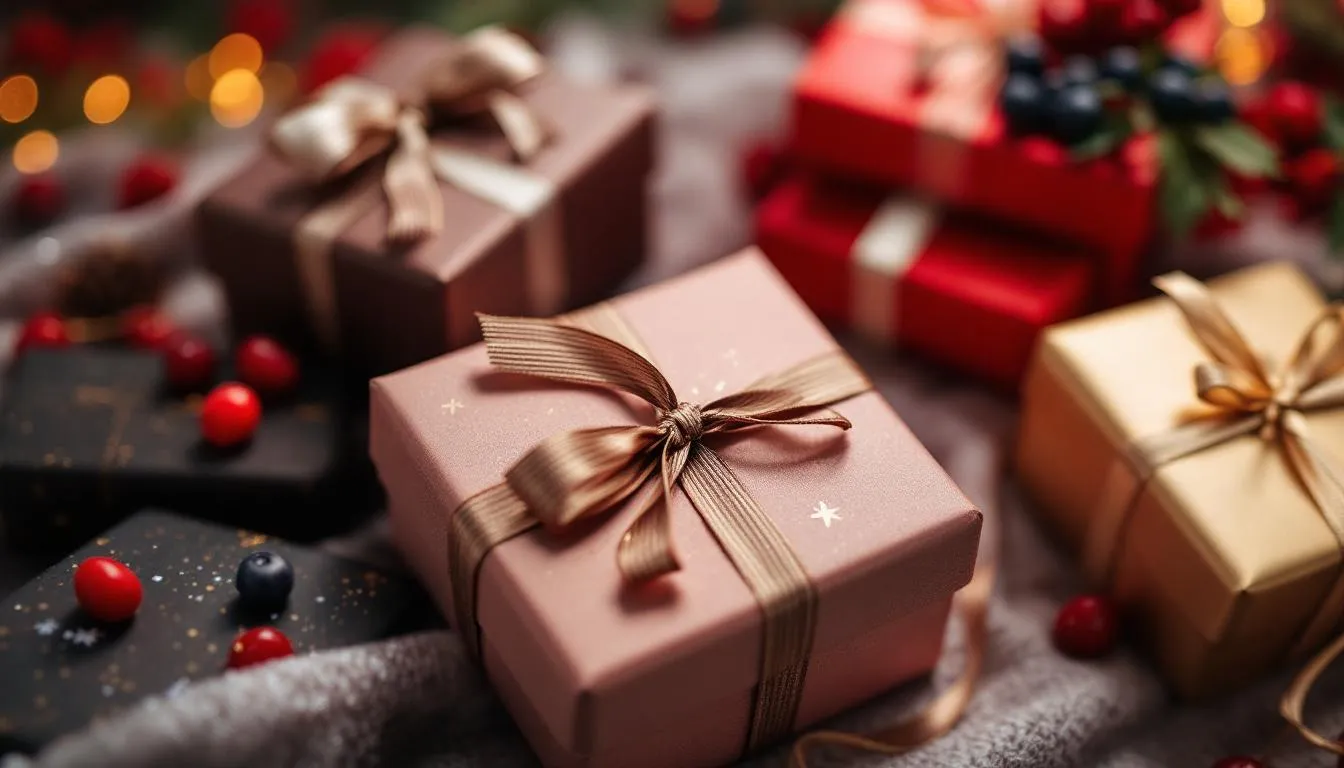 Na obrazku widać elegancko zapakowane prezenty w różnych przedziałach cenowych, idealne na mikołajki. Wśród nich znajdują się oryginalne upominki, takie jak porcelanowy kubek i planer książkowy, które z pewnością ucieszą obdarowanych.