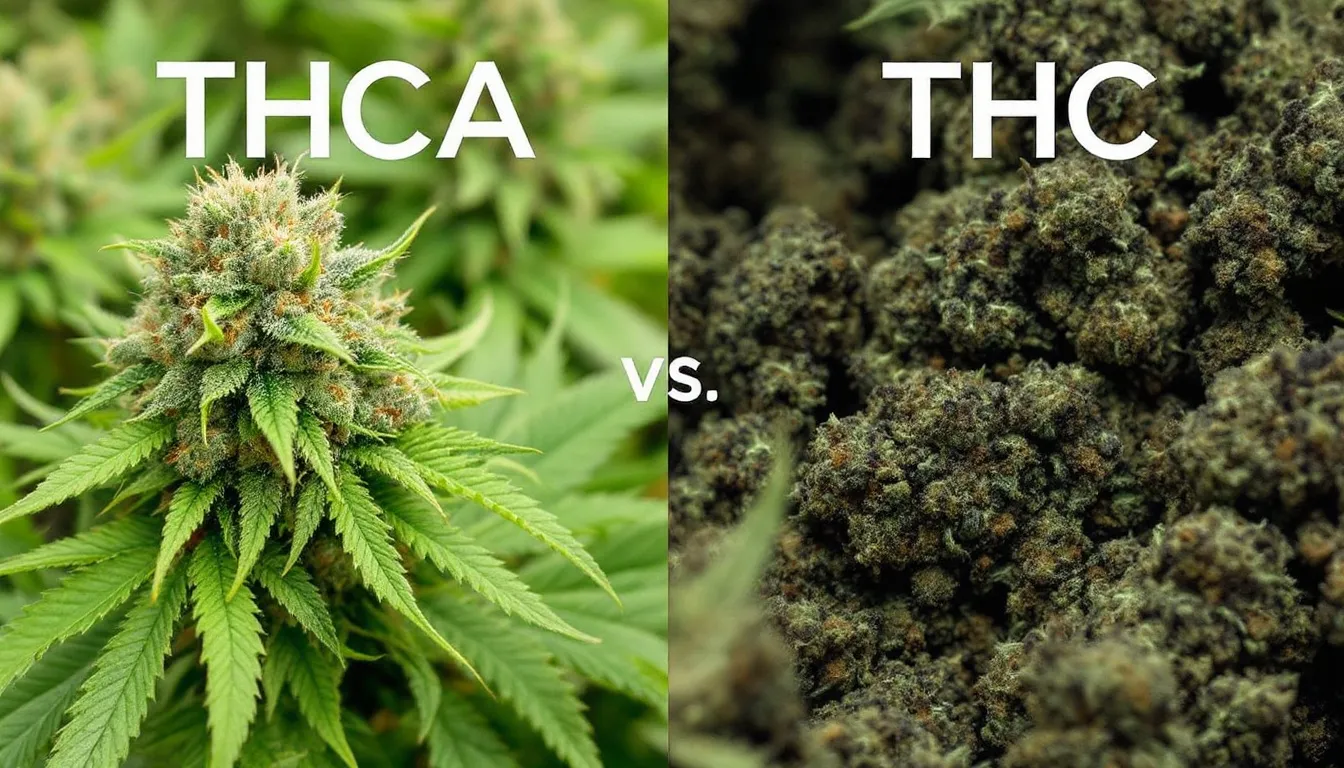 An illustration of THCA, a non-psychoactive cannabinoid found in raw cannabis, compared to THC.