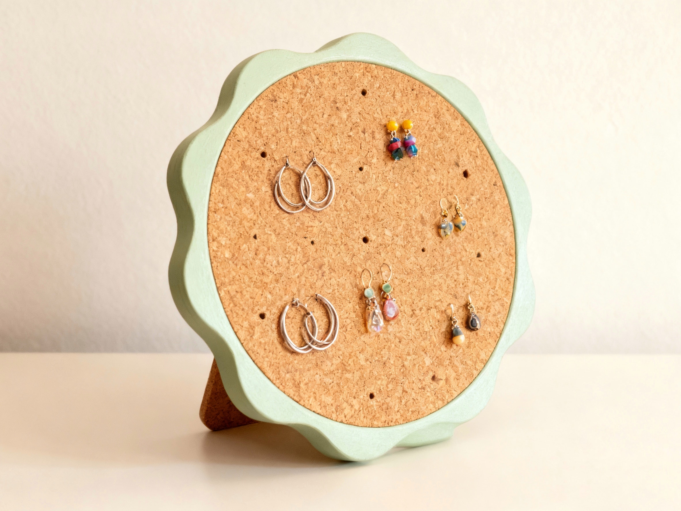Cork earring holders to store stud earrings are beautiful and functional.