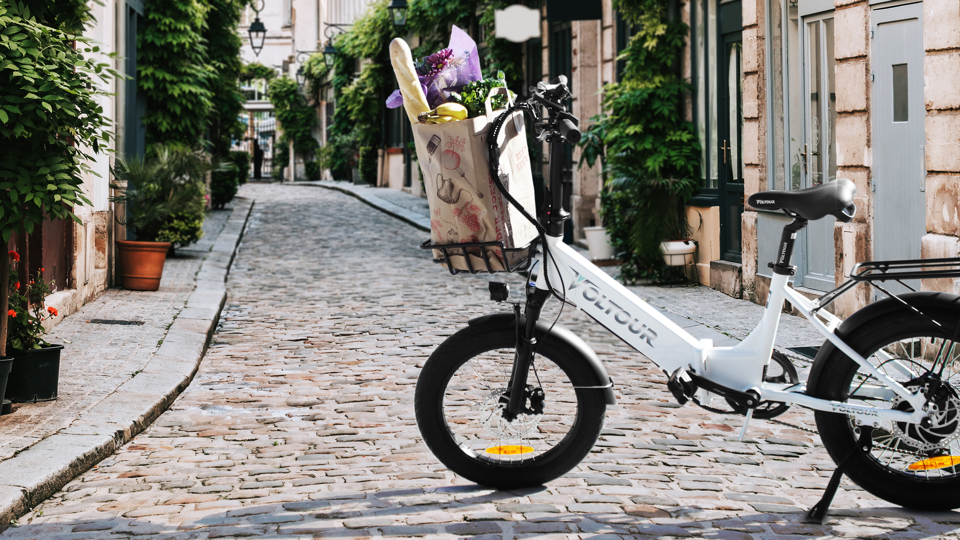 ebike in alley with food in basket