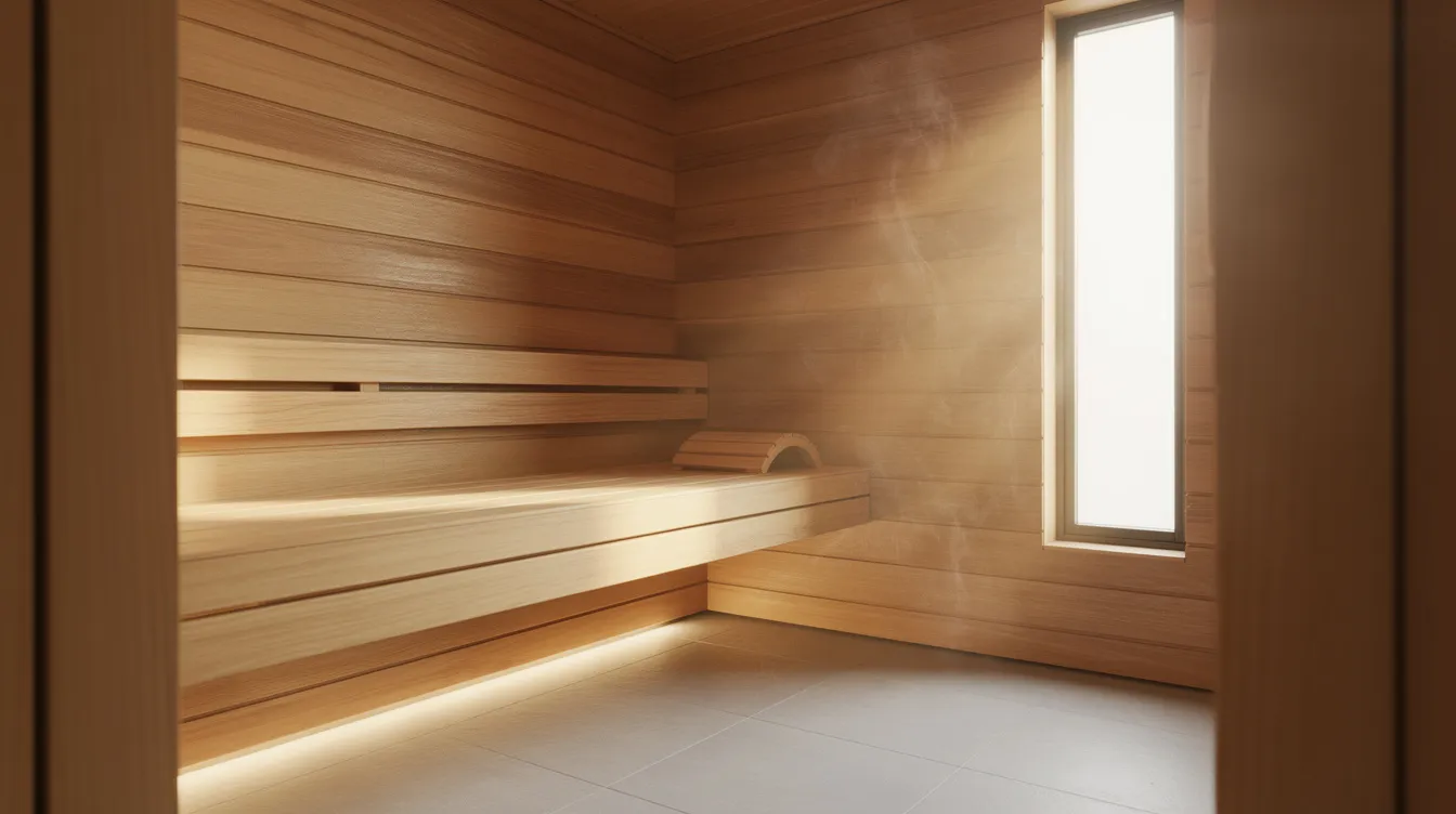 The image depicts a modern indoor sauna featuring cedar walls and wooden benches, illuminated by soft natural light streaming through a high window. This inviting sauna design emphasizes a relaxing atmosphere, ideal for enjoying a sauna session while benefiting from proper ventilation and heat retention.