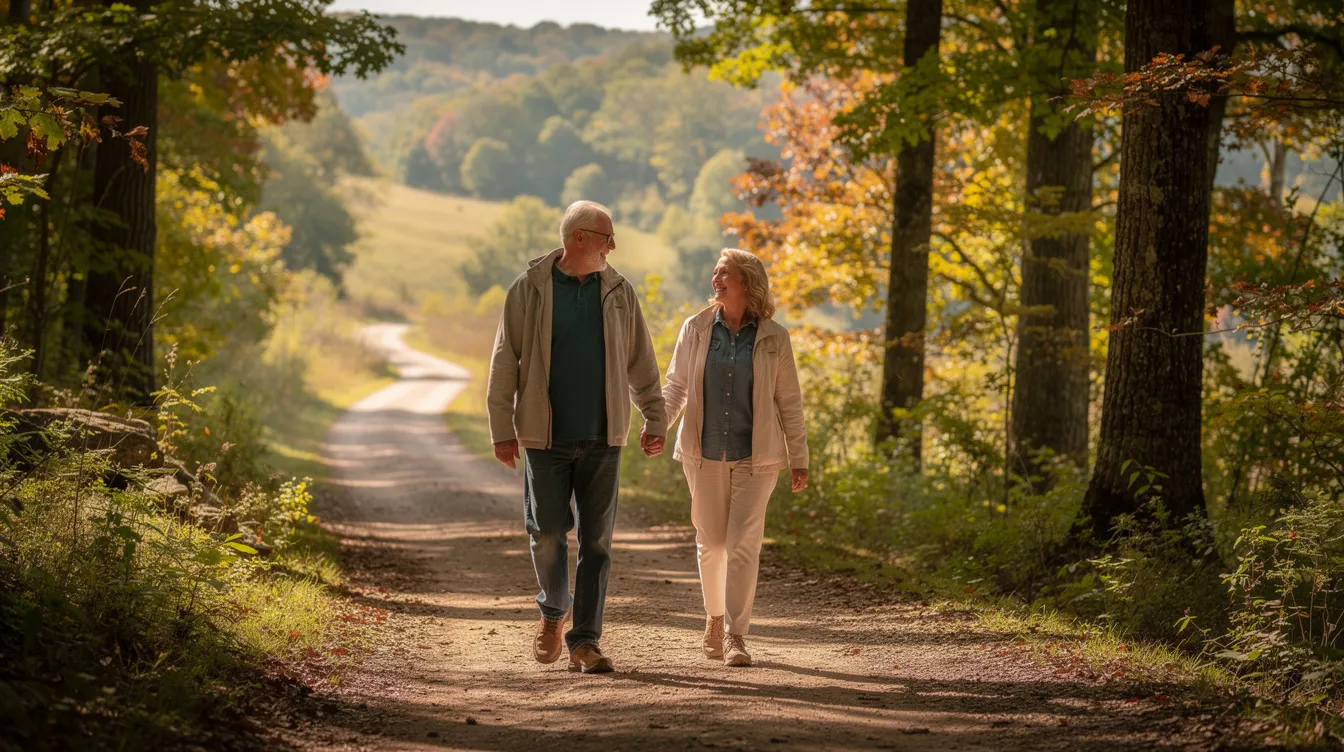 A retired couple strolls hand in hand along a serene wooded trail in Northwest Arkansas, embodying the essence of retirement success and enjoying their time together. This peaceful scene reflects the importance of personalized retirement planning as they embrace their retirement goals amidst nature.