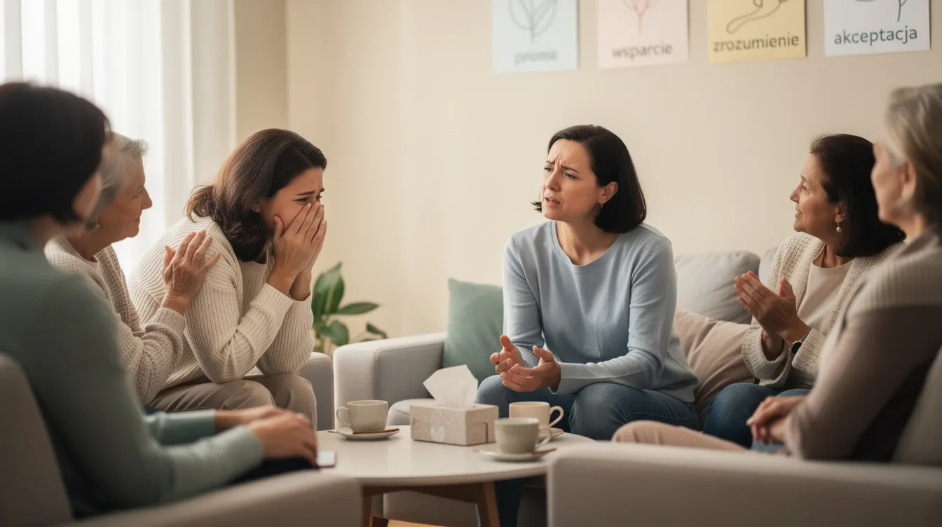 Na obrazie widoczna jest grupa kobiet podczas spotkania wsparcia, w atmosferze zrozumienia i akceptacji, gdzie dzielą się swoimi doświadczeniami związanymi z objawami ADHD oraz wyzwaniami w codziennym życiu. Wspólnie omawiają trudności, takie jak niskie poczucie własnej wartości i emocjonalna niestabilność, co sprzyja ich wzajemnemu wsparciu i lepszemu zrozumieniu zaburzeń neurorozwojowych.