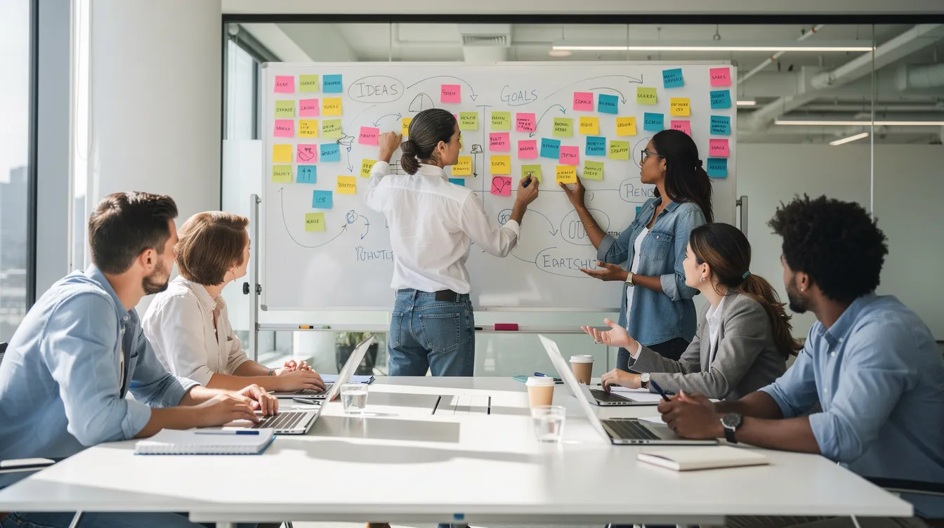 A diverse team is gathered around a whiteboard covered in colorful sticky notes, actively engaging in a brainstorming session to generate innovative ideas and develop strong concepts for their upcoming campaign. The collaborative environment fosters creative thinking, as team members discuss and refine their most promising ideas to effectively communicate their brand values.
