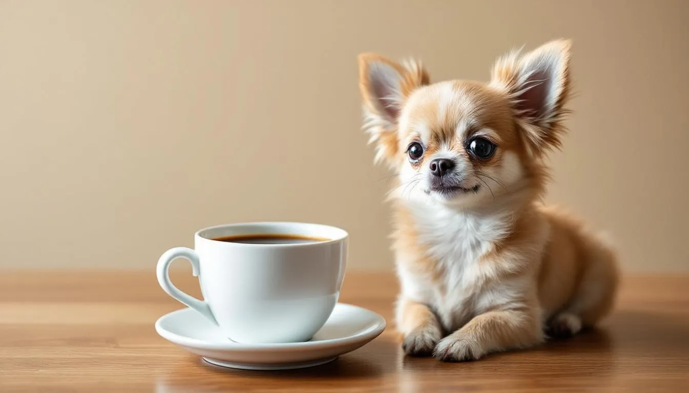 A tiny Chihuahua is sitting next to a coffee cup, highlighting its small size in comparison. This adorable example of a small dog breed showcases the characteristics of tiny dogs, emphasizing the Chihuahua