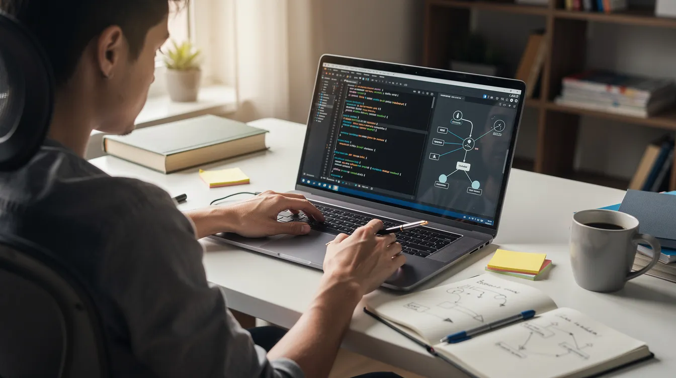 A person is seated at a desk, focused on studying with a laptop displaying code and connected graph diagrams related to advanced concepts in computer science. The screen showcases relevant documents and information, possibly for technical interviews involving retrieval augmented generation (RAG) and machine learning engineers.