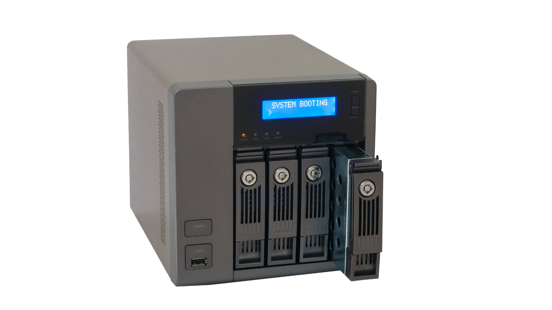 A NAS device setup in a home office environment, showcasing its compact design.