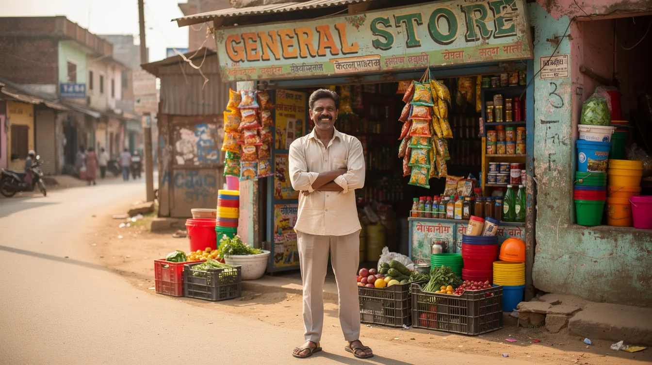 b1c8bfe4 13f4 407b a77c 61fa65f45258 The image features a small Indian shop owner standing proudly in front of a vibrant retail store in a quaint town, showcasing the spirit of entrepreneurship. This scene reflects the success of micro and small businesses supported by the Pradhan Mantri Mudra Yojana (PMMY), which provides collateral-free loans to help entrepreneurs grow their income-generating activities.