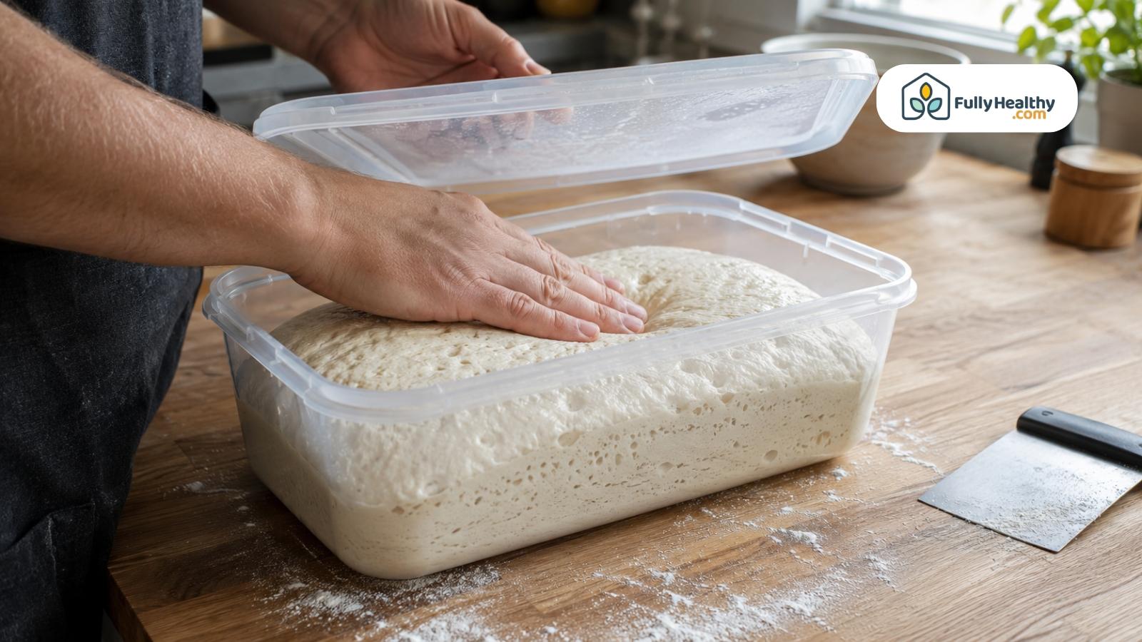 Person pressing risen pizza dough inside a container to check fermentation