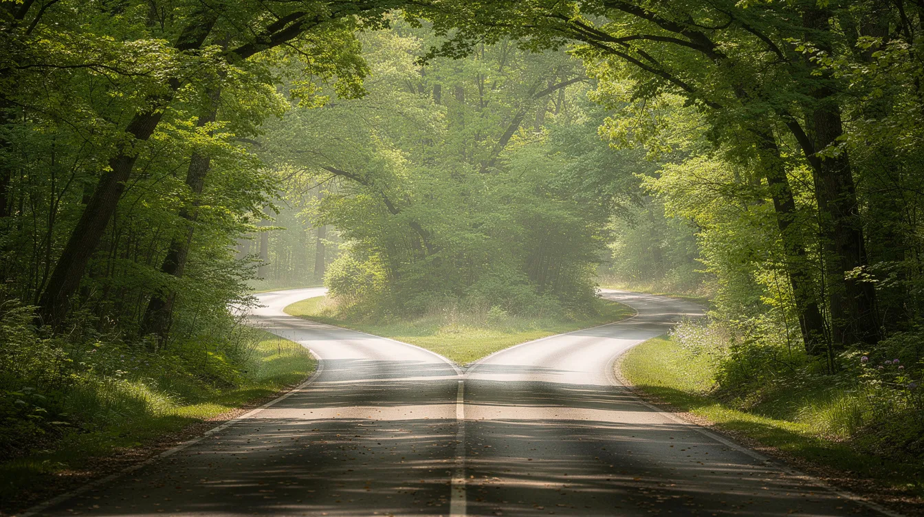 The image depicts a fork in a road surrounded by lush green trees, symbolizing the various paths and choices one can take in life. This visual metaphor reflects the concept of making decisions, much like an individual voluntary arrangement (IVA) helps people navigate their financial choices.