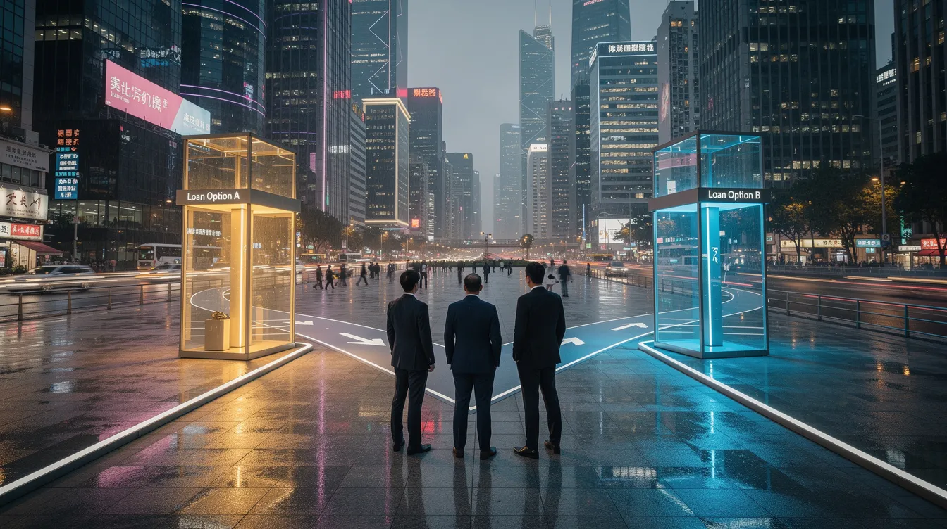 The image depicts two diverging pathways in a modern financial district of Hong Kong, representing different loan options. One path may symbolize traditional loans requiring income proof, while the other suggests alternative options like 免 入 息 貸款, catering to diverse financial needs.
