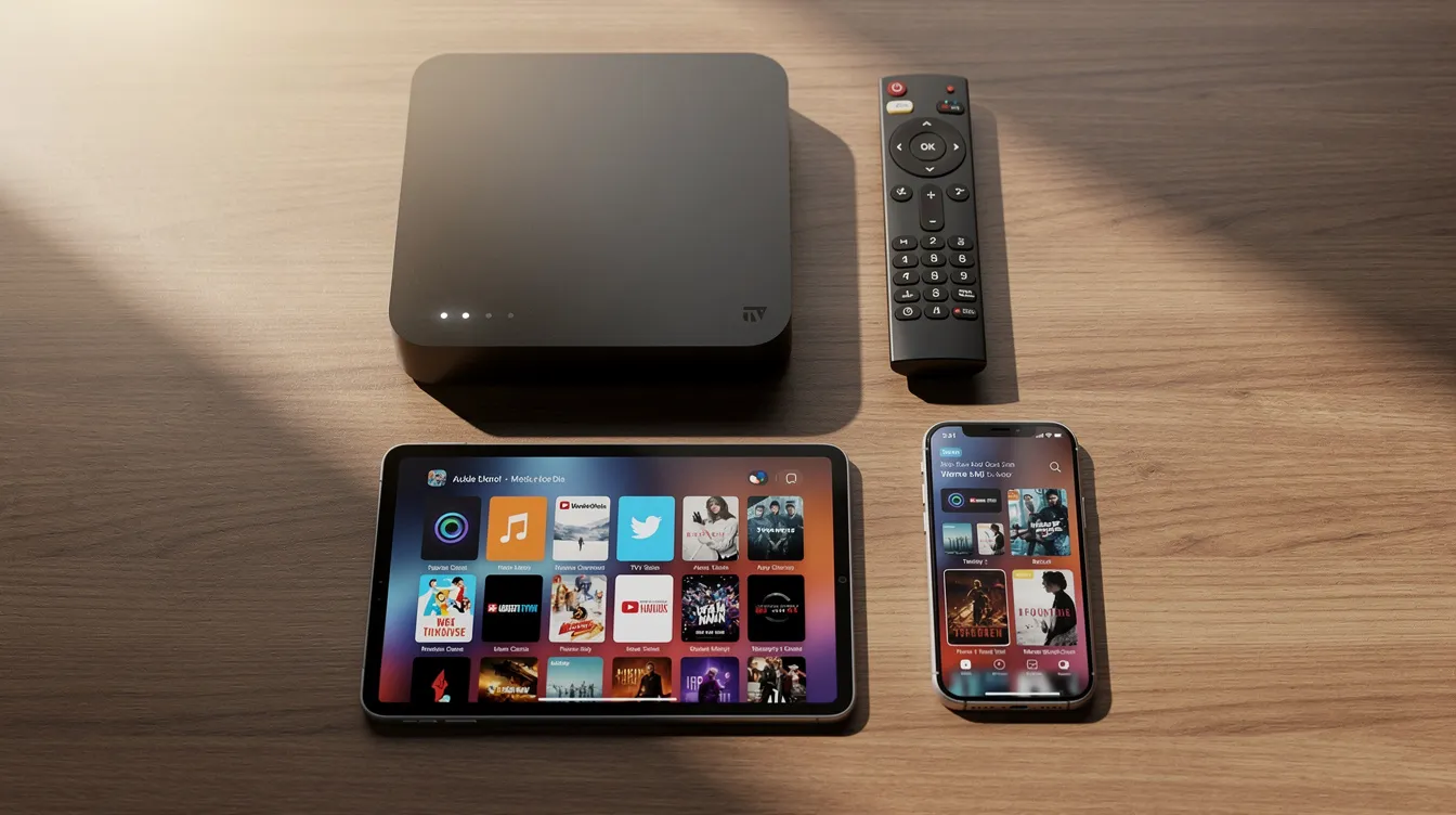 The image features a variety of streaming devices, including an Android TV box, a remote control, a tablet, and a smartphone, all neatly arranged on a wooden desk. These devices represent modern IPTV technology, allowing users to access live TV channels and on-demand content with a stable internet connection.