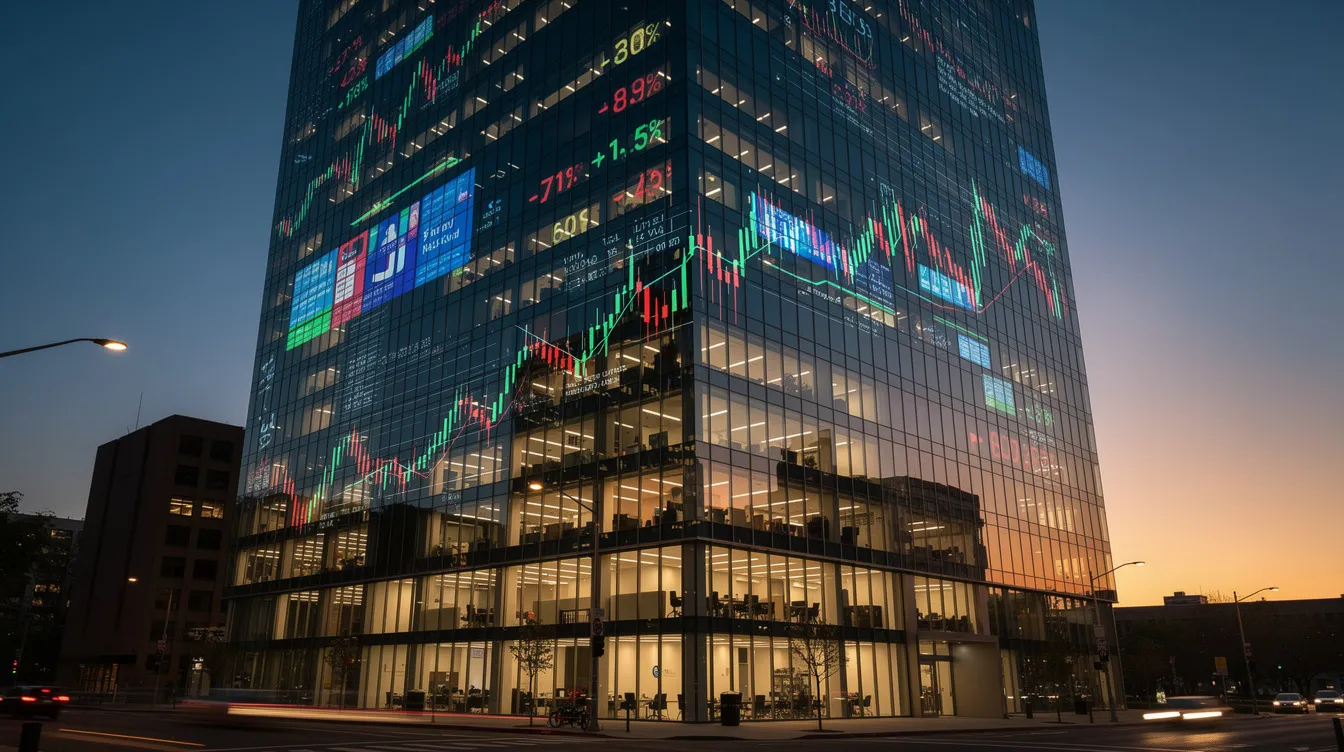 Gambar menampilkan gedung kantor modern berdinding kaca saat senja, dengan pantulan data keuangan pada jendela yang melambangkan integrasi pasar tradisional dan digital di infrastruktur keuangan masa kini. Adegan ini mewakili pertumbuhan ekonomi dan penciptaan kekayaan, menyoroti peran aset digital dan perlindungan investor dalam evolusi pasar global.