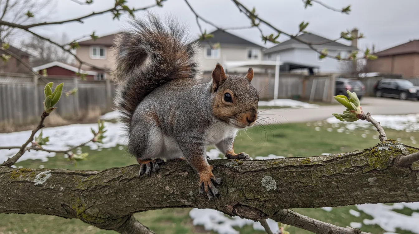A grey squirrel is perched on a tree branch in a suburban Ontario yard during springtime, surrounded by budding leaves. This scene captures the essence of wildlife in the area, where mother squirrels prepare for the breeding season and may soon have baby squirrels to care for.