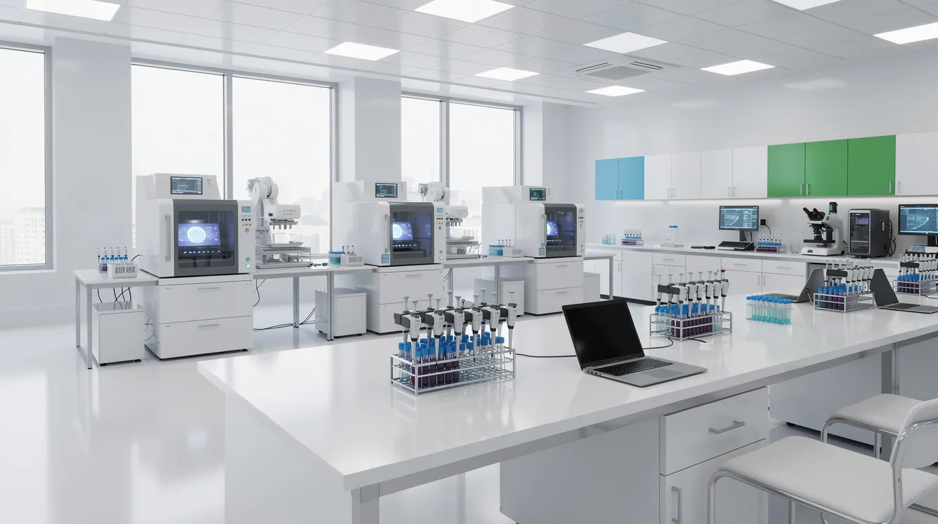 The image depicts a modern diagnostic laboratory interior featuring sleek automated analysers and pristine workstations, designed for efficiency in healthcare operations. This advanced setup is essential for healthcare providers, emphasizing the importance of financing solutions for acquiring diagnostic equipment like MRI machines and ultrasound machines.