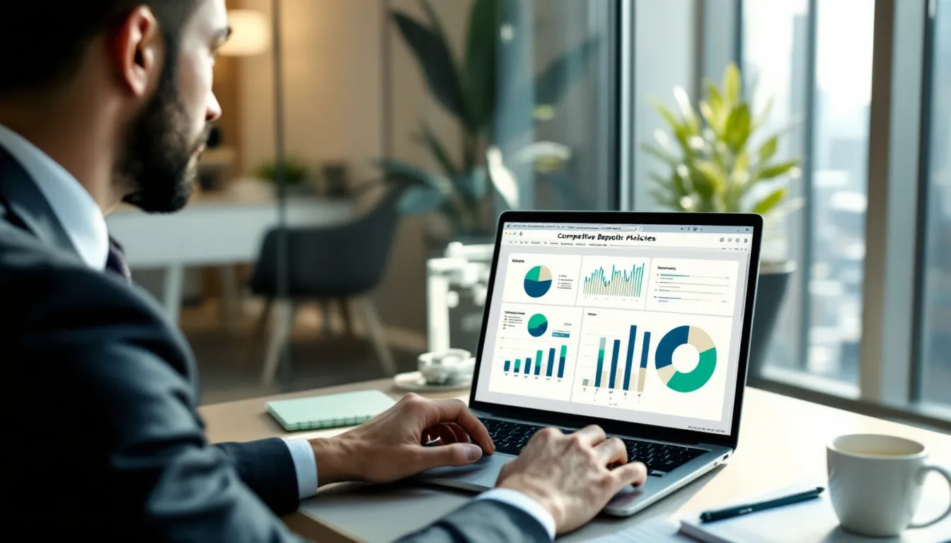 The image shows a hotel manager focused on analyzing competitive hotel deposit policies on a laptop, surrounded by charts and graphs that detail security deposits, hotel deposit fees, and other relevant data to enhance guest satisfaction and trust during the booking process.
