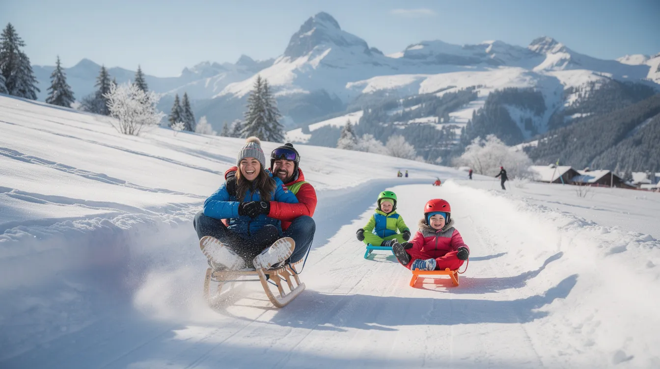 Eine Familie genießt den Winterspaß beim Rodeln auf einer verschneiten Bahn, umgeben von majestätischen Bergen im Allgäu. Die Kinder lachen und haben viel Spaß in diesem Winterparadies, während die gesamte Familie die frische Luft und die schöne Landschaft des Skigebiets erlebt.