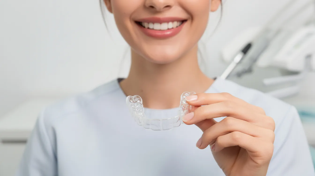 A person is smiling while holding a clear aligner tray, showcasing their confident smile and the discreet appearance of Invisalign aligners, which are part of their orthodontic treatment plan. This image highlights the benefits of clear aligners as a modern alternative to traditional braces.
