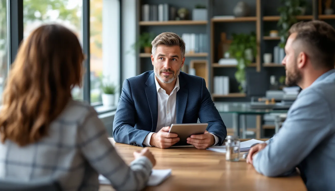 A professional financial advisor is seated at a table with clients, discussing various retirement planning options, including life insurance retirement plans and strategies for maximizing retirement income. The atmosphere is collaborative, as they explore how life insurance policies can provide supplemental retirement income and tax-free benefits.