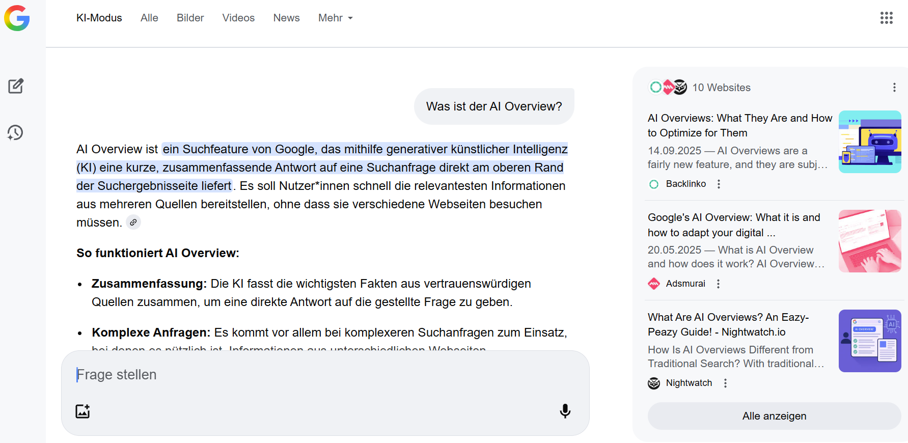 Screenshot Google AI Mode / KI Modus