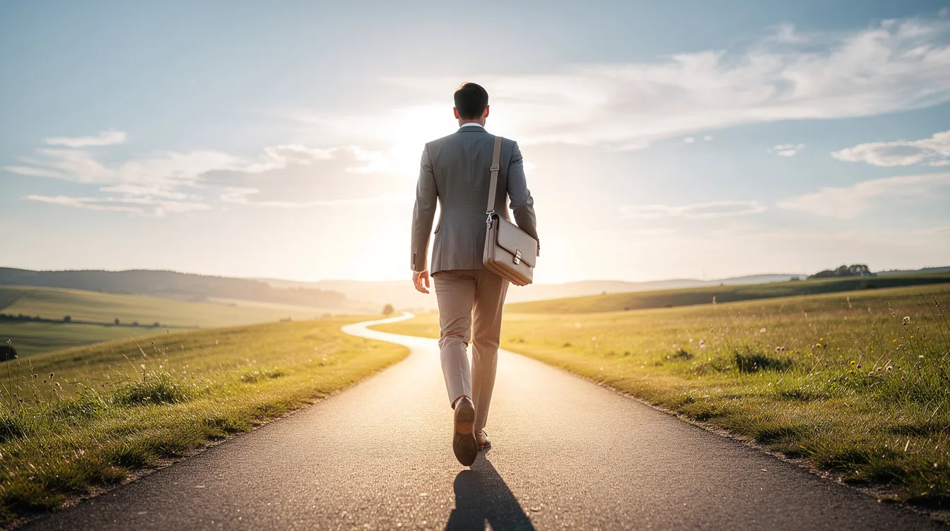 Une personne marche avec confiance le long d'un chemin dans un paysage lumineux et ouvert, symbolisant la croissance professionnelle et la transition vers un nouveau rôle de manager. Cette image évoque les défis et les transformations que les salariés peuvent rencontrer dans leur parcours au sein de l'entreprise.