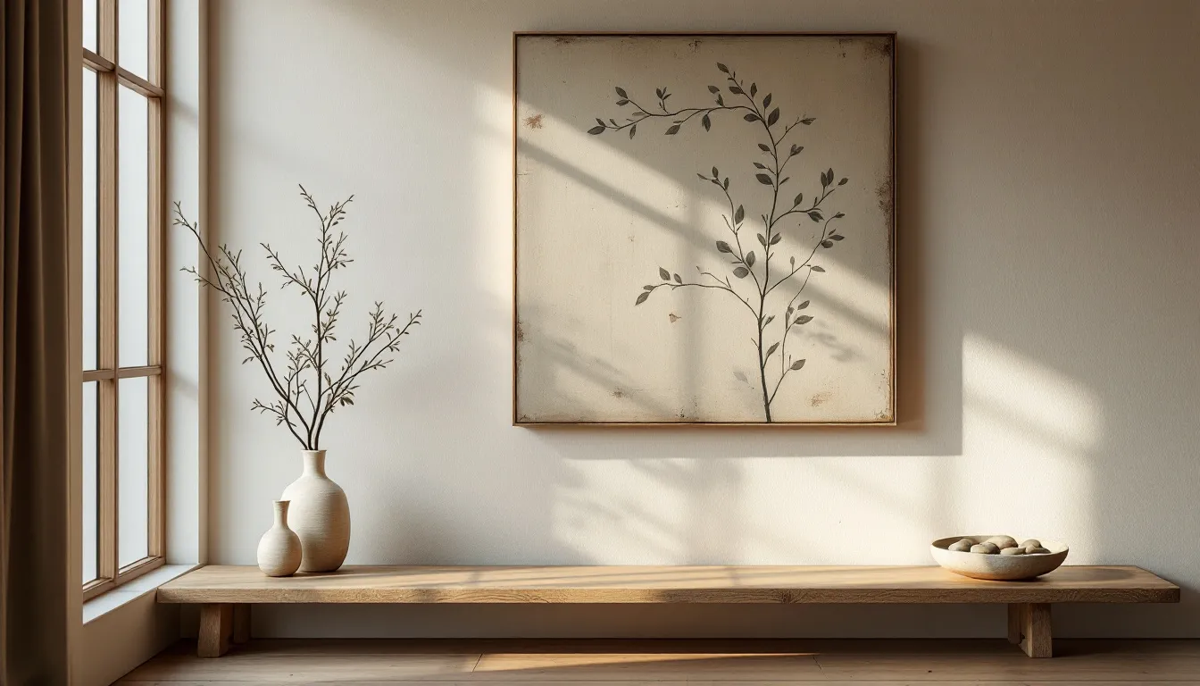 Key elements of wabi sabi wall art displayed in a cozy home setting.