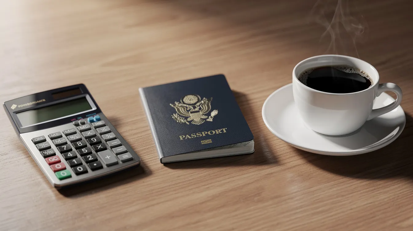 The image features a desk with a calculator, a passport, and a cup of coffee, symbolizing the preparation for international money transfers. This setup reflects the essentials for customers looking to send money abroad securely and efficiently, like with IndusInd Bank.