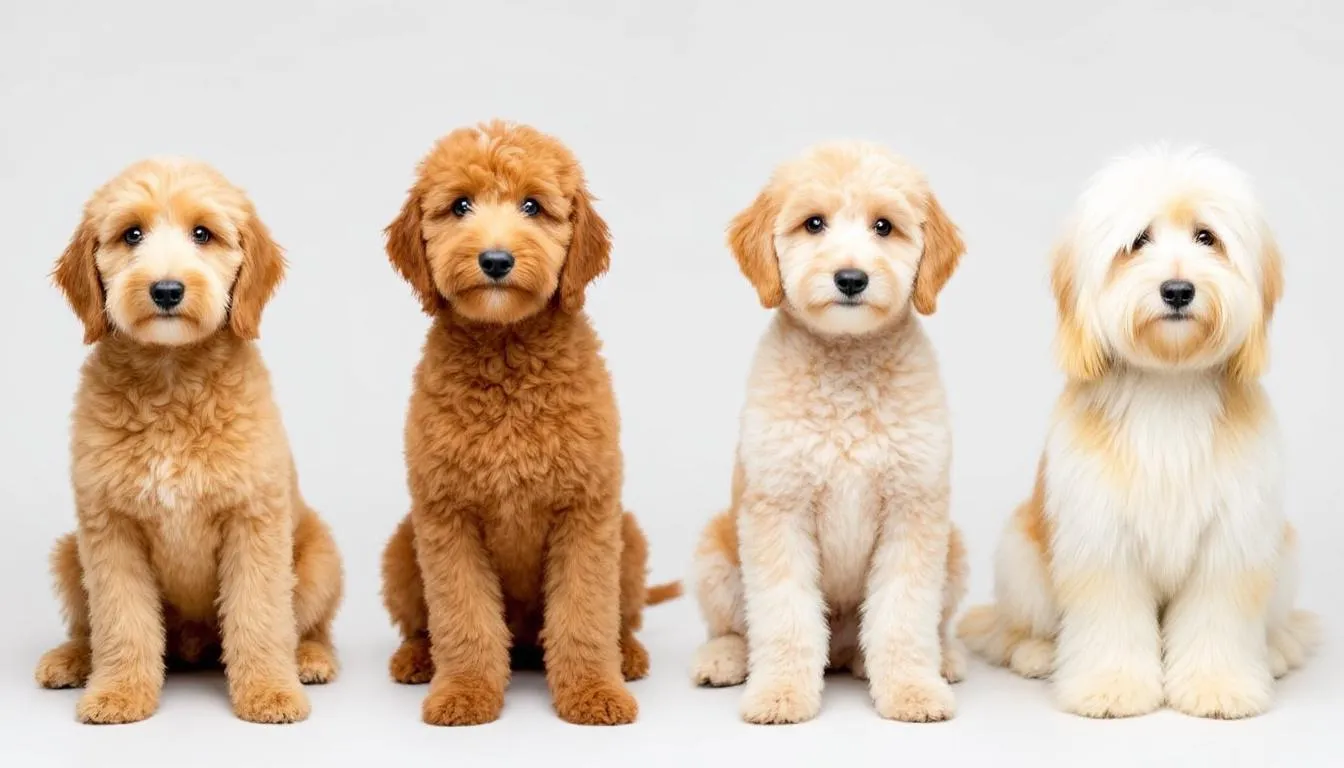 In this comparison photo, various coat types of mini goldendoodle generations are displayed, showcasing the differences in textures and styles, including curly and wavy coats. The image highlights the adorable pups